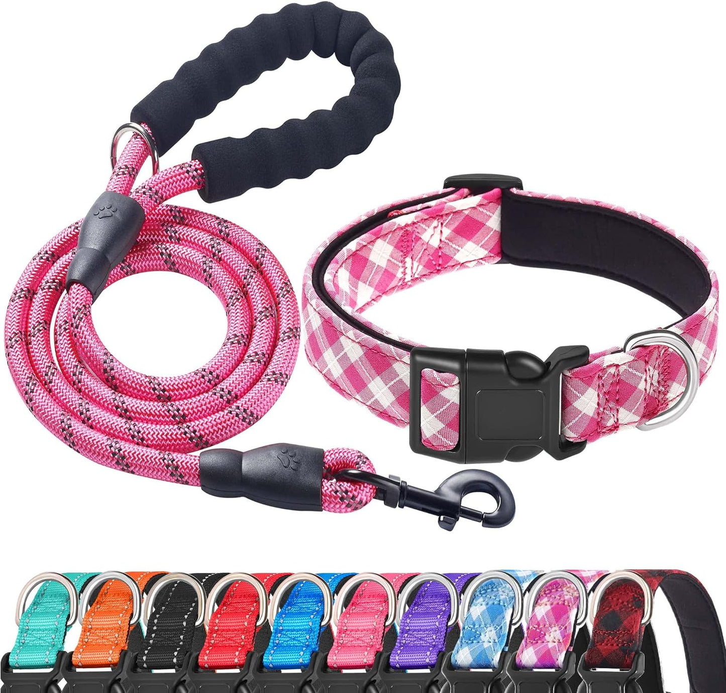 Reflective Dog Collar Padded with Soft Neoprene Breathable Adjustable Nylon Dog Collars for Small Medium Large Dogs (X-Small (Pack of 1), Pink Plaid Collar+Leash)