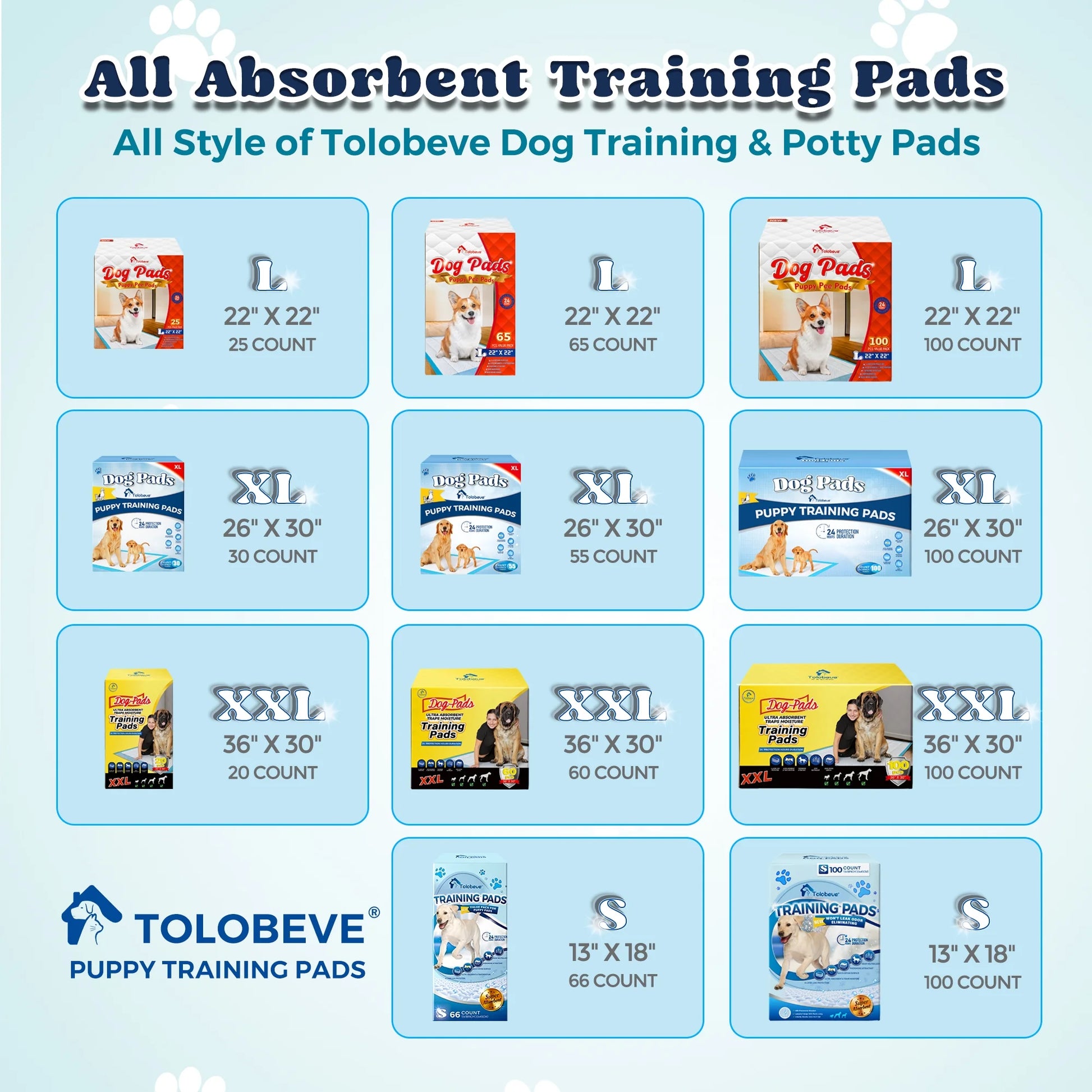 Tolobeve Dog Training Pads, XL, 26 in x 30 in, 100 Count Disposable Dog Pads, Puppy Pee Pads