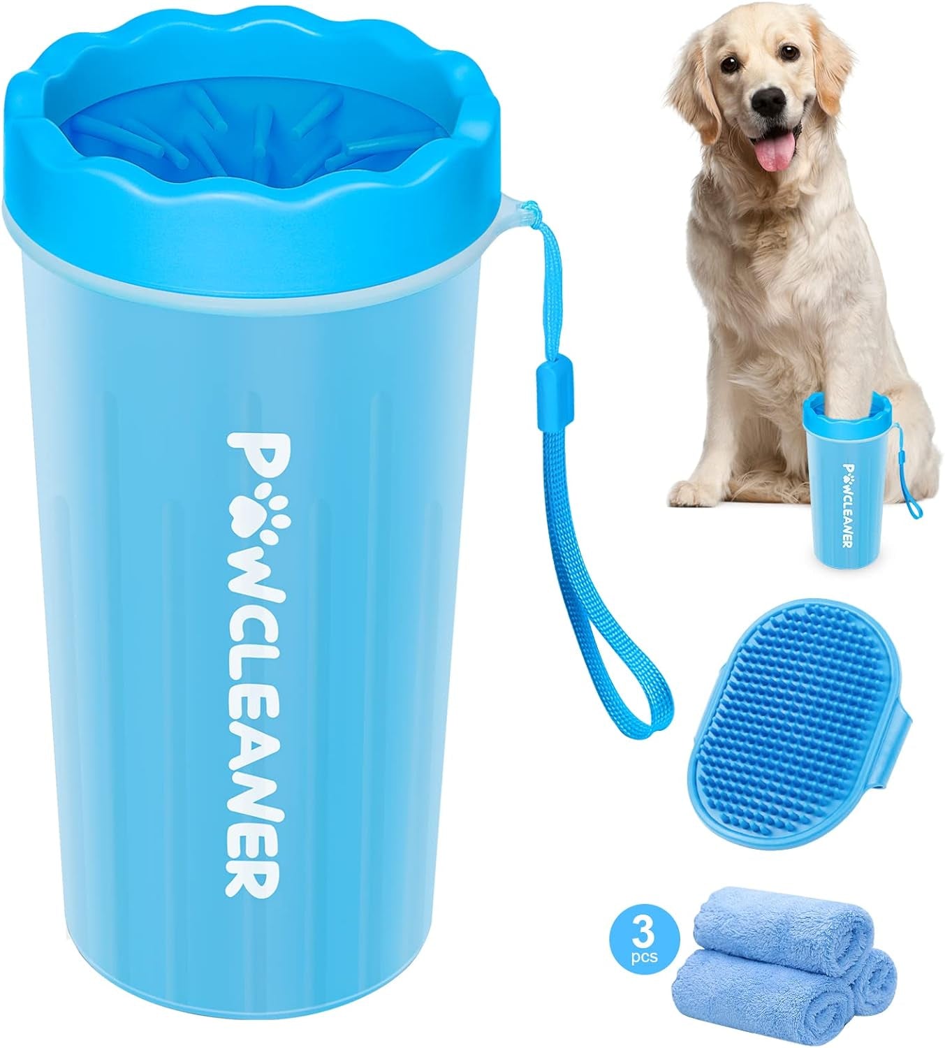 Dog Paw Cleaner for Large Dogs (With Dog Bath Brush&3 Absorbent Towels) Dog Paw Washer, Dog Foot Cleaner, Dog Bath Brush with Adjustable Ring Handle for Long Short Haired Dogs (Large,Blue)