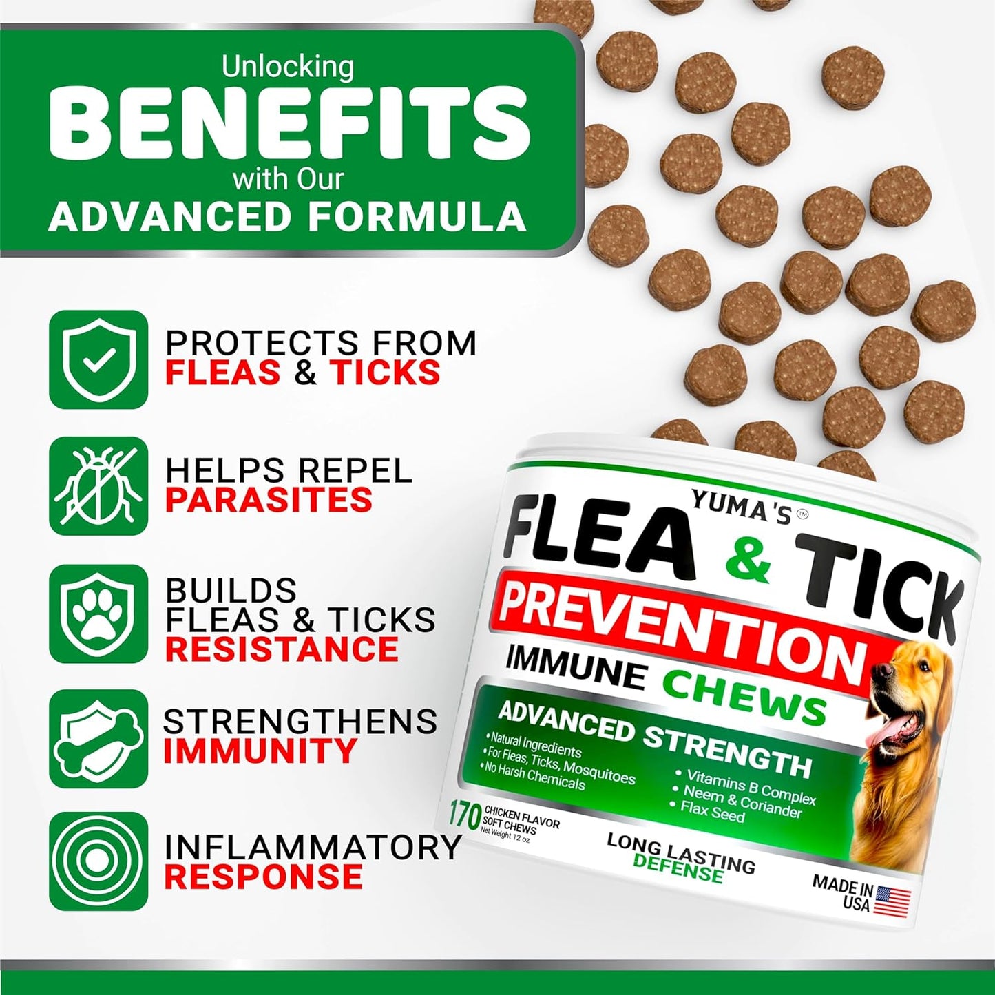 Flea and Tick Prevention for Dogs Chewables - 170 Treats - Natural Dog Flea and Tick Treatment Chewable - Flea and Tick Chews for Dogs - Soft Oral Flea Pills for Dogs - All Breeds & Ages - Made in USA