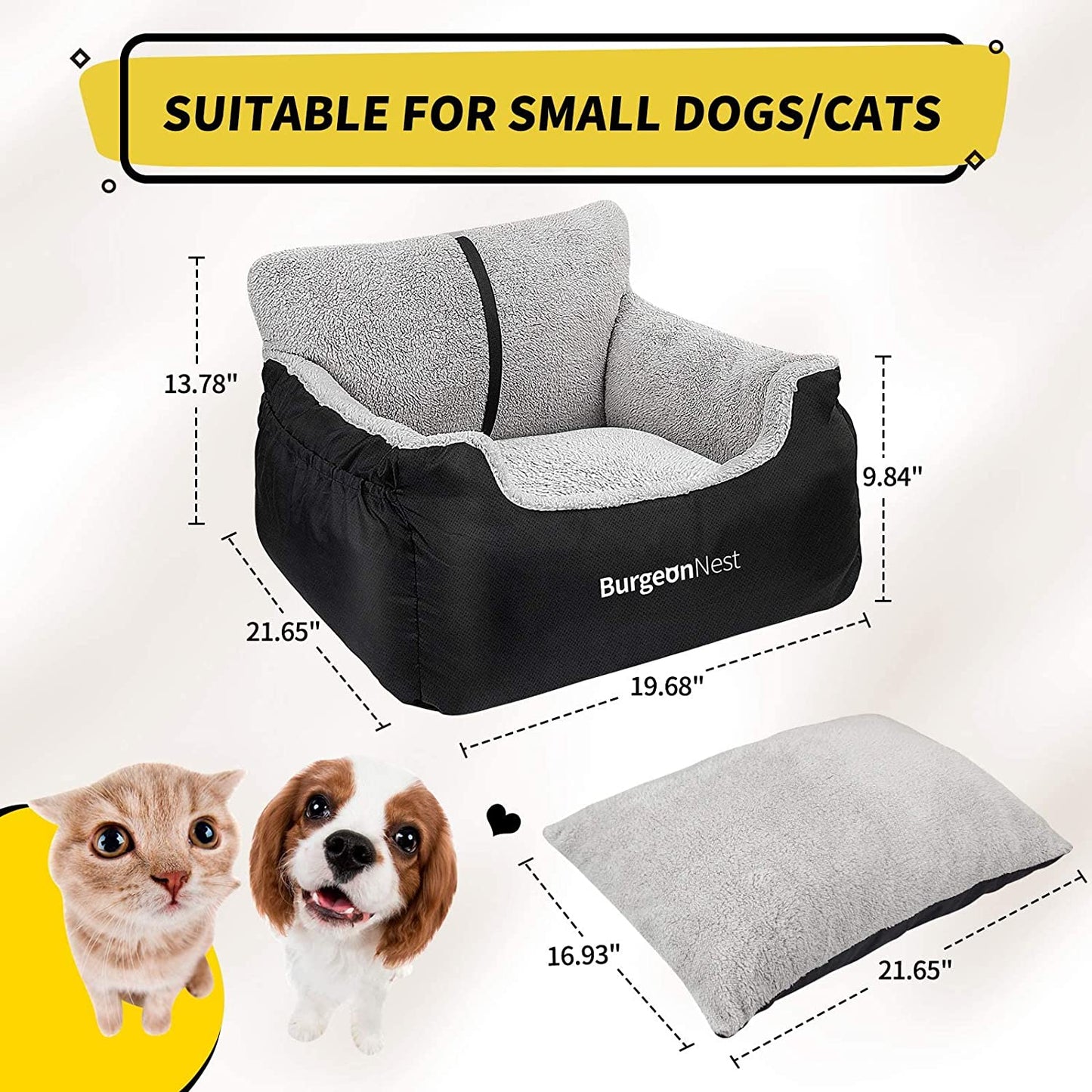 Burgeonnest Dog Car Seat for Small Dogs, Washable Soft Dog Booster Seats for Small Pets under 25 Lbs, Portable Dog Carseat Travel Bed with Storage Pockets and Clip-On Leash