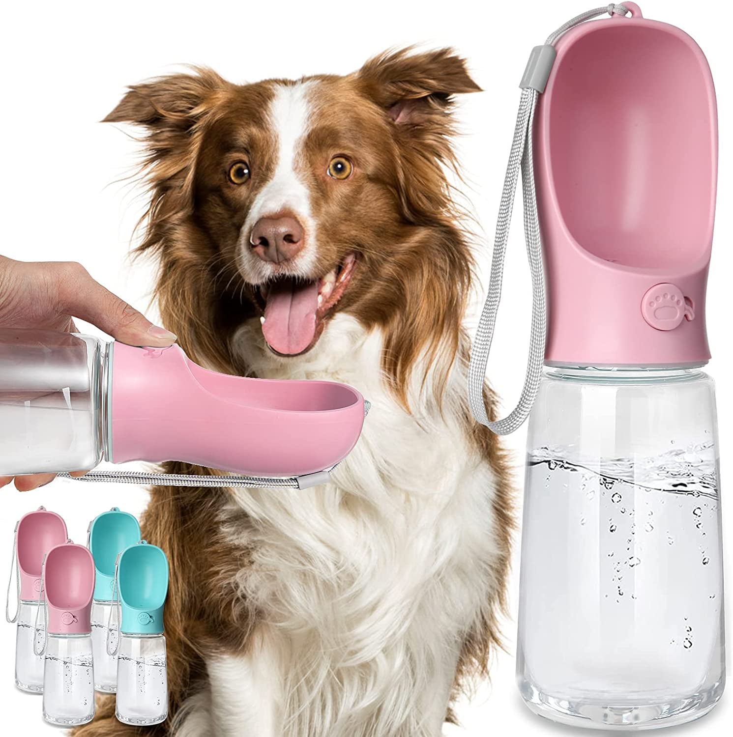 Kalimdor Dog Water Bottle, Leak Proof Portable Puppy Bowl Water Dispenser with Drinking Feeder for Pets Outdoor Walking, Hiking, Travel, Food Grade Plastic (19Oz Pink)