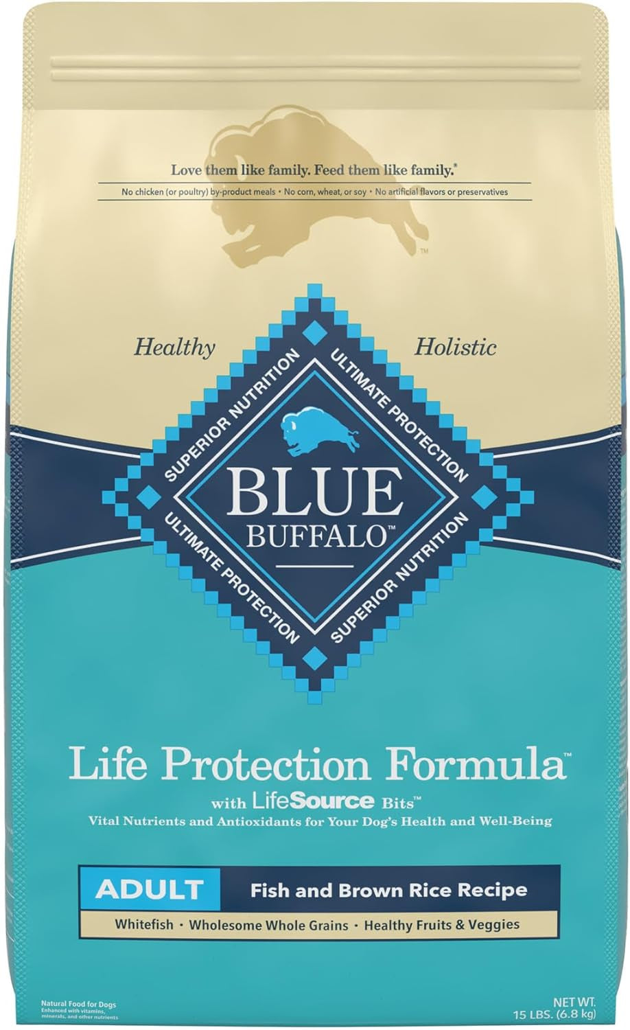 Blue Buffalo Life Protection Formula Natural Adult Dry Dog Food, Fish and Brown Rice 15-Lb