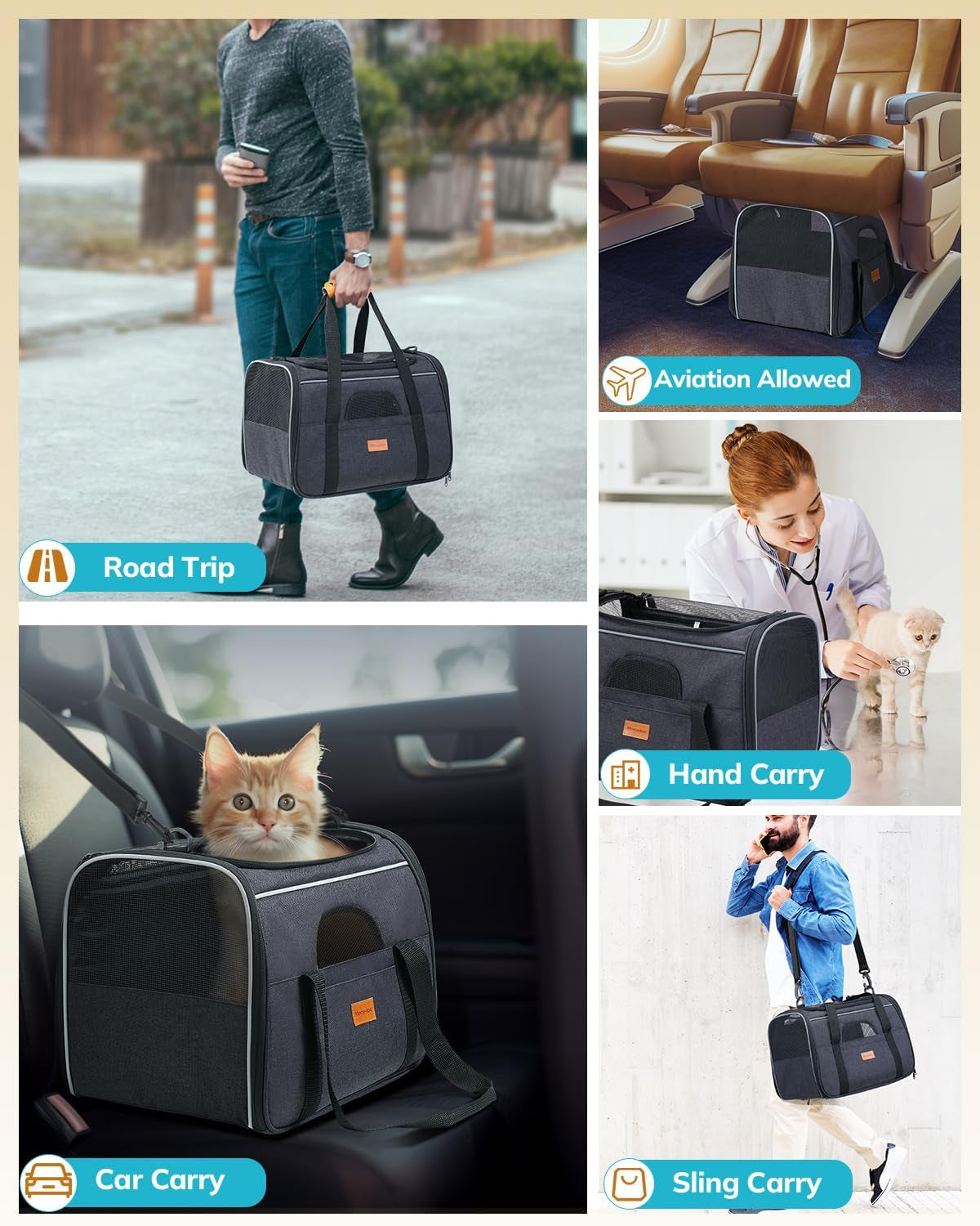 Morpilot Cat Carrier - Soft Sided Cat Carrier Large for Big Medium Cats and Puppy up to 15Lbs, Pet Carrier with Safety Zippers, Foldable Bowl, Airline Approved Large Cat Carrier - Dark Gray