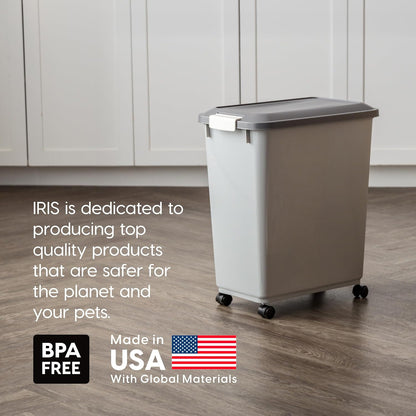 IRIS USA Dog Food Storage Container with Wheels, Airtight Lid, 2-Cup Scoop, Up to 40 Pounds Pet Food Storage, Built in Scoop Storage in Lid, Versatile Pet Food Bin, Portable, BPA Free, Gray/Dark Gray