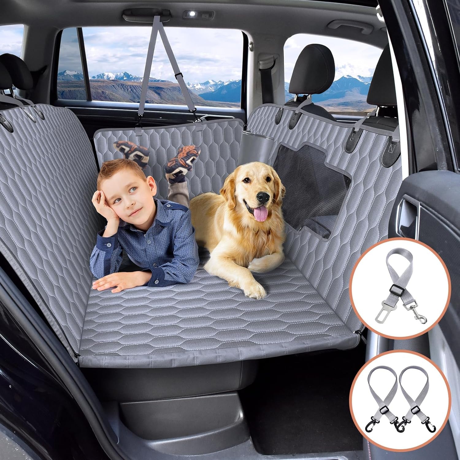 Back Seat Extender for Dogs-Supports 330Lb,Waterproof Dog Car Seat Cover Hard Bottom-Detachable,600D Heavy Duty Scratch Proof Nonslip Soft,Dog Hammock for Car,Suvs-Grey