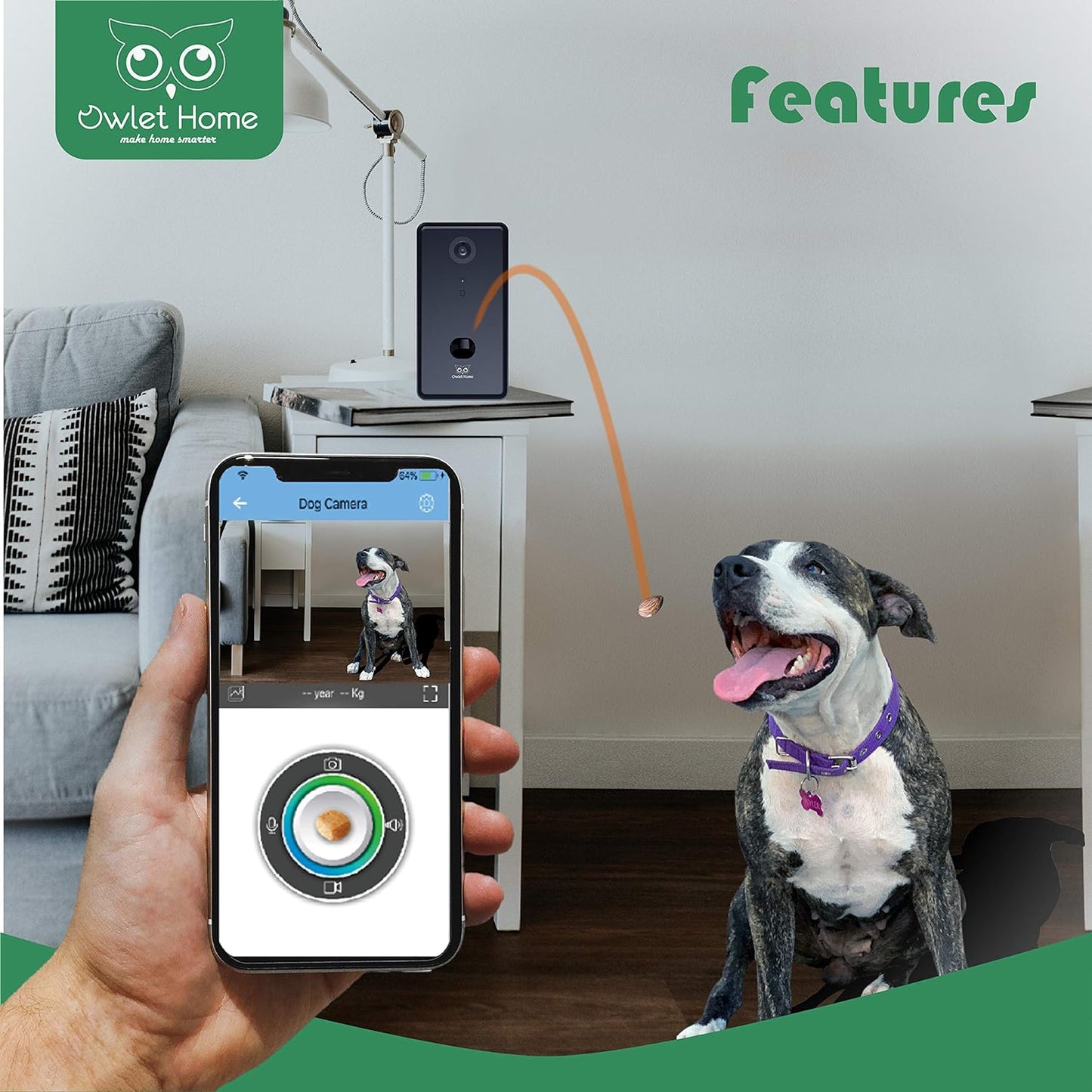 Pet Camera with Treat Dispenser Tossing for Dogs/Cats, 2.4Ghz & 5Ghz Wifi, 1080P Camera, Live Video, Auto Night Vision, 2-Way Audio, Compatible with Alexa, Pre-Recorded Voice Message