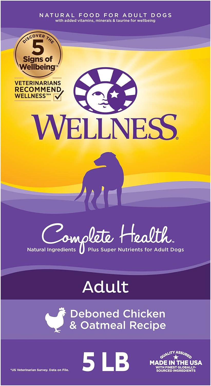 Wellness Complete Health Dry Dog Food with Grains, Natural Ingredients, Made in USA with Real Meat, All Breeds, for Adult Dogs (Chicken & Oatmeal, 5-Pound Bag)