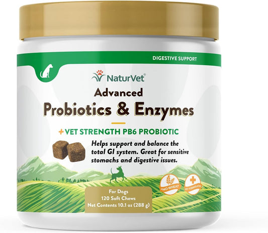 Veterinarian Strength Advanced Probiotics, Healthy Enzymes and PB6 Probiotic Supplement for Your Dogs Stomach, Intestine, Digestion and GI Tract Health, Made by Naturvet, 120 Soft Chews