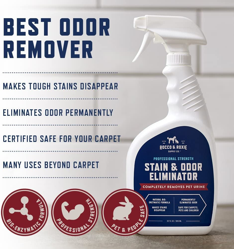 Rocco & Roxie Supply Co. Stain & Odor Eliminator for Strong Odor, 32Oz Enzyme Pet Odor Eliminator for Home, Carpet Stain Remover for Cats & Dog Pee, Enzymatic Cat Urine Destroyer, Carpet Cleaner Spray