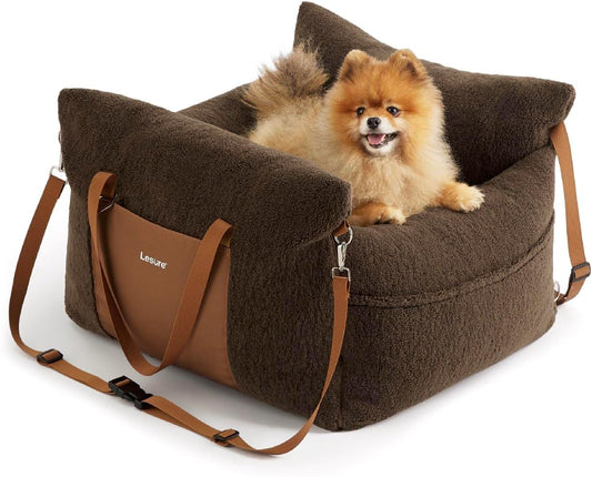 Lesure Small Dog Car Seat for Small Dogs - Sherpa Dog Booster Seat for Car with Storage Pockets and Clip-On Safety Leash and Thickened Memory Foam Filling, Puppy Travel Carrier Bed, Espresso