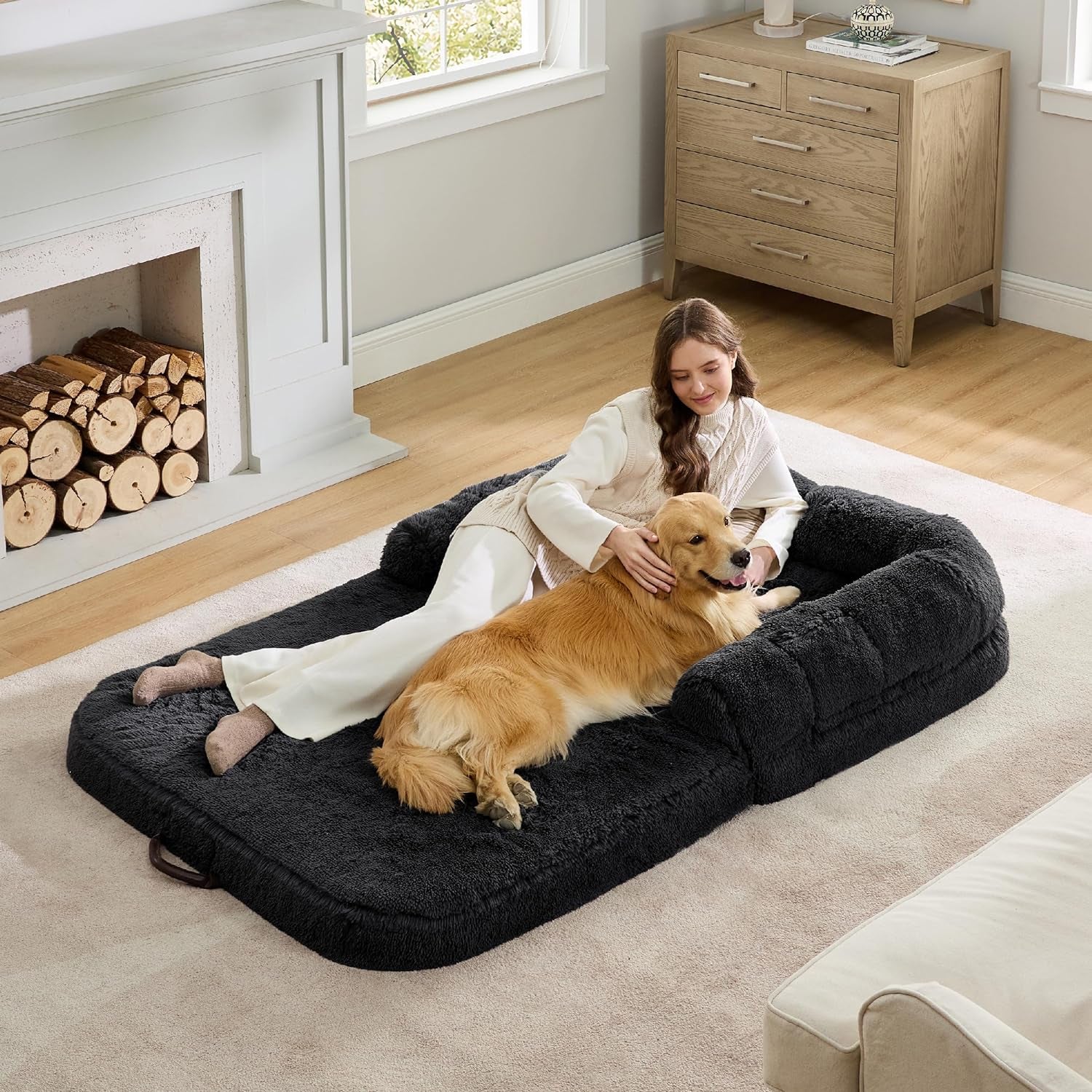 Bedsure Foldable Human Dog Bed for People Adults, 2 in 1 Calming Human Size Giant Dog Bed Fits Pet Families with Egg Foam Supportive Mat and Waterproof Liner, Faux Fur Orthopedic Dog Sofa, Black