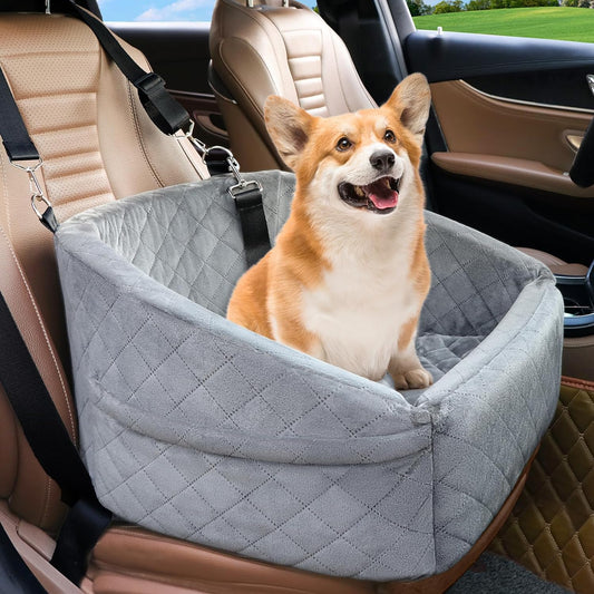 Dog Car Seat for Small Dogs,Detachable Washable Dog Booster Seat for Medium Dogs under 35Lbs, Pet Car Seat Travel Bed with Storage Pockets and Dog Safety Belt (Grey)