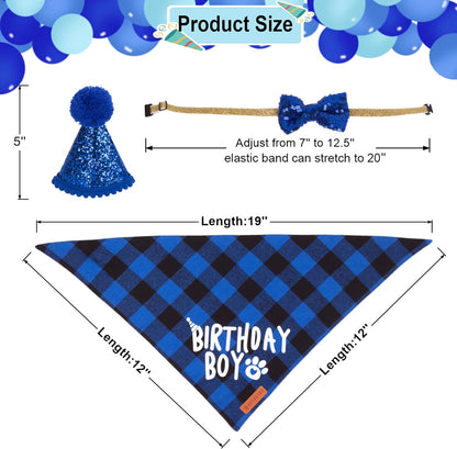 ADOGGYGO Cat Birthday Party Supplies, Birthday Boy Plaid Cat Bandana Cute Cat Bowtie, Cat Birthday Hat with Numbers, Pet Birthday Outfit for Cat Kitten (Blue)