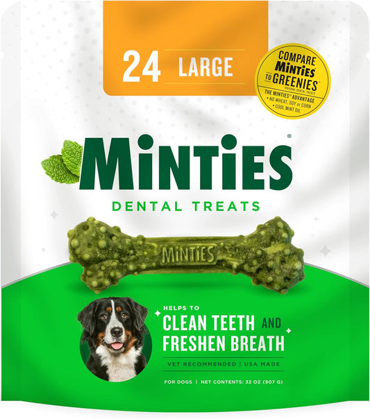 Minties Dental Chews for Dogs, 24 Count, Vet-Recommended Mint-Flavored Dental Treats for Large Dogs over 50 Lbs, Dental Bones Clean Teeth, Fight Bad Breath, and Removes Plaque and Tartar