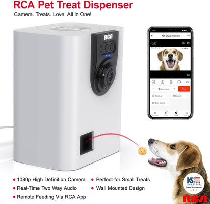 RCA Dog & Cat Smart Camera Treat Dispenser, Wifi-Enabled, 1080P HD Camera, Two-Way Audio, App Control, Compatible with Alexa & Google Assistant – for Small Treats & Kibble