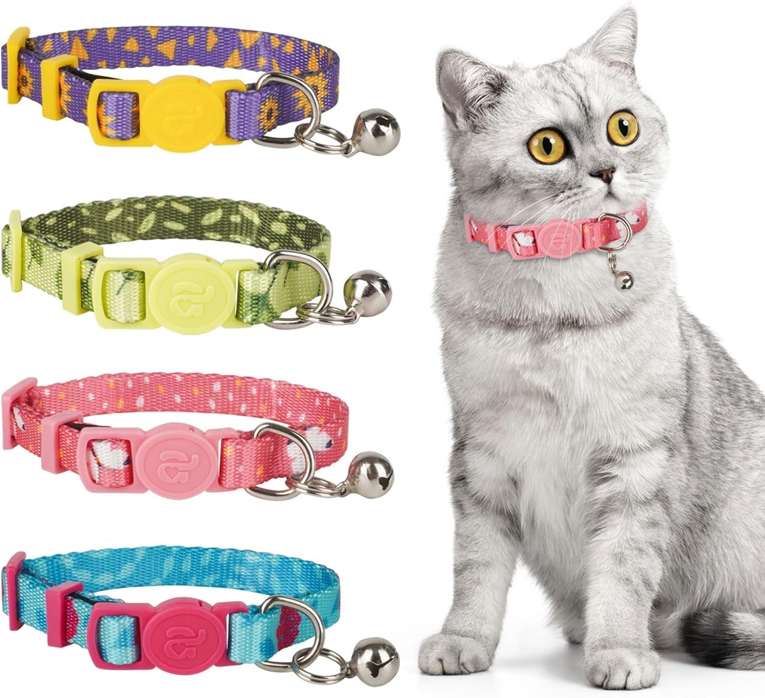 Azuza 4 Pack Breakaway Cat Collar with Bell, Quick Release Safe Buckle Adjustable Cat Collars, Floral Print Rose/Ginkgo/Sunflower/Butterfly