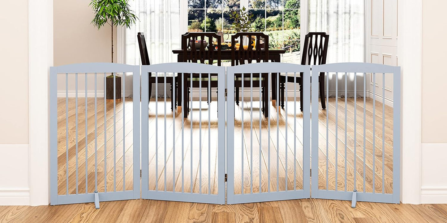 Freestanding Pet Gate for Dogs, Indoor Wooden Dog Gate for House, Foldable Dog Gate for Doorway, Stair,Hall, Step over Pet Puppy Safety Fence Tall, 80 Inch Wide, 4 Panels 32",Grey