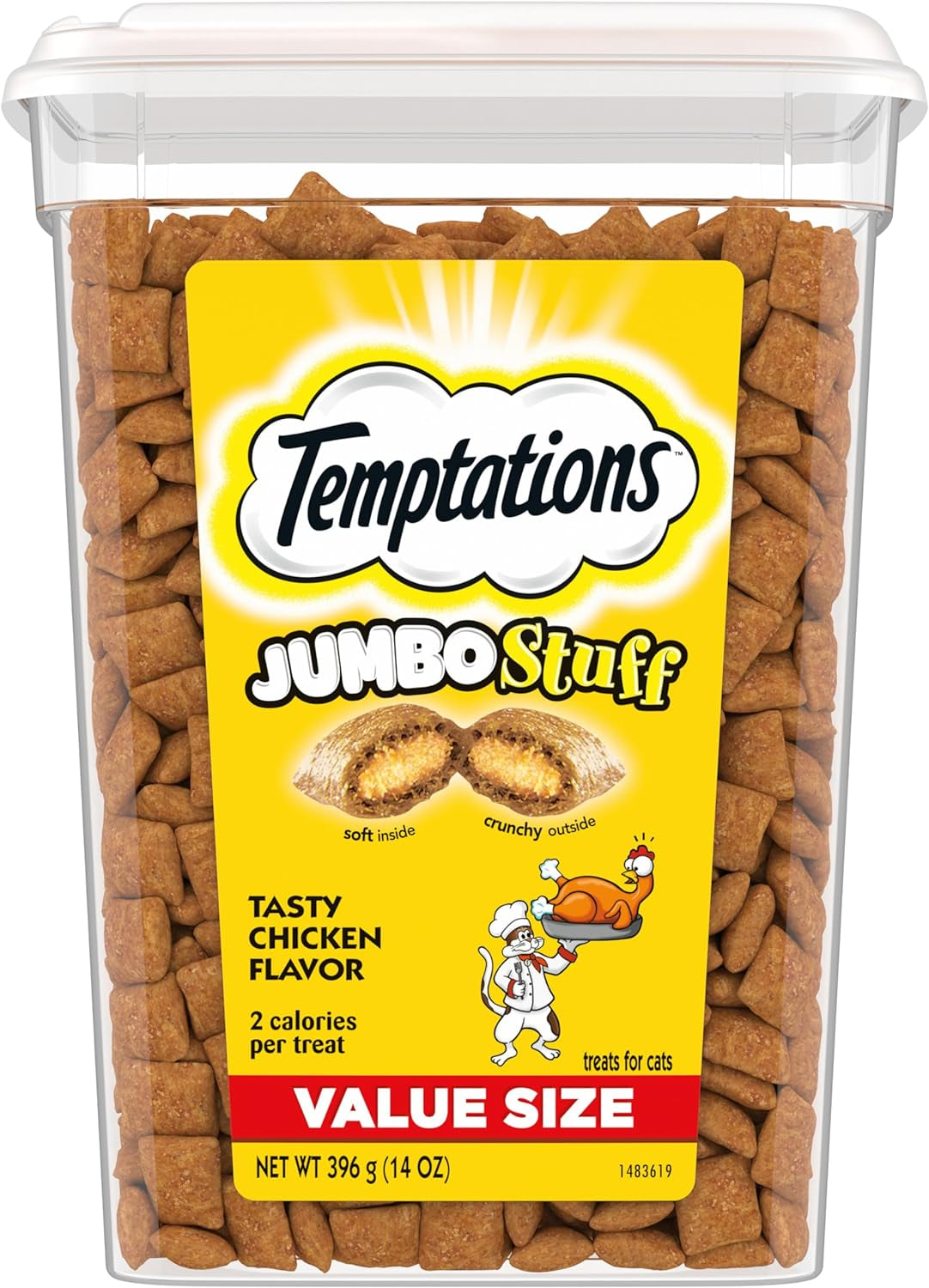 TEMPTATIONS Jumbo Stuff Crunchy and Soft Cat Treats, Tasty Chicken Flavor, 14 Oz. Tub, (Pack of 1)