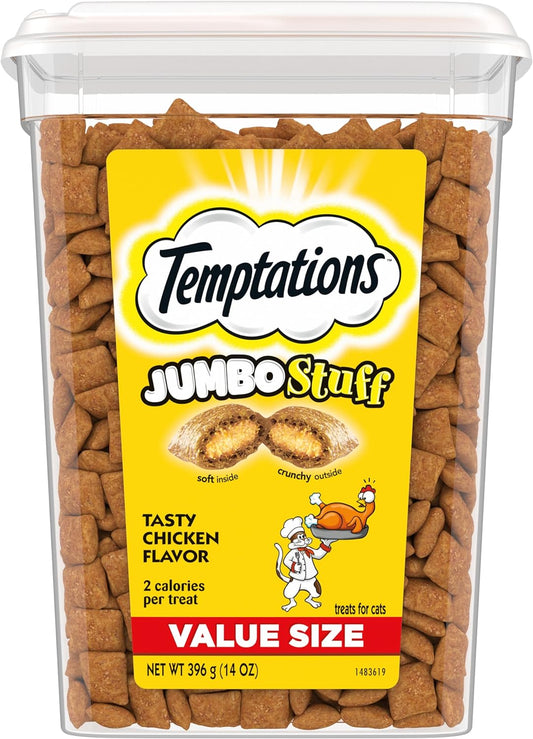 TEMPTATIONS Jumbo Stuff Crunchy and Soft Cat Treats, Tasty Chicken Flavor, 14 Oz. Tub, (Pack of 1)