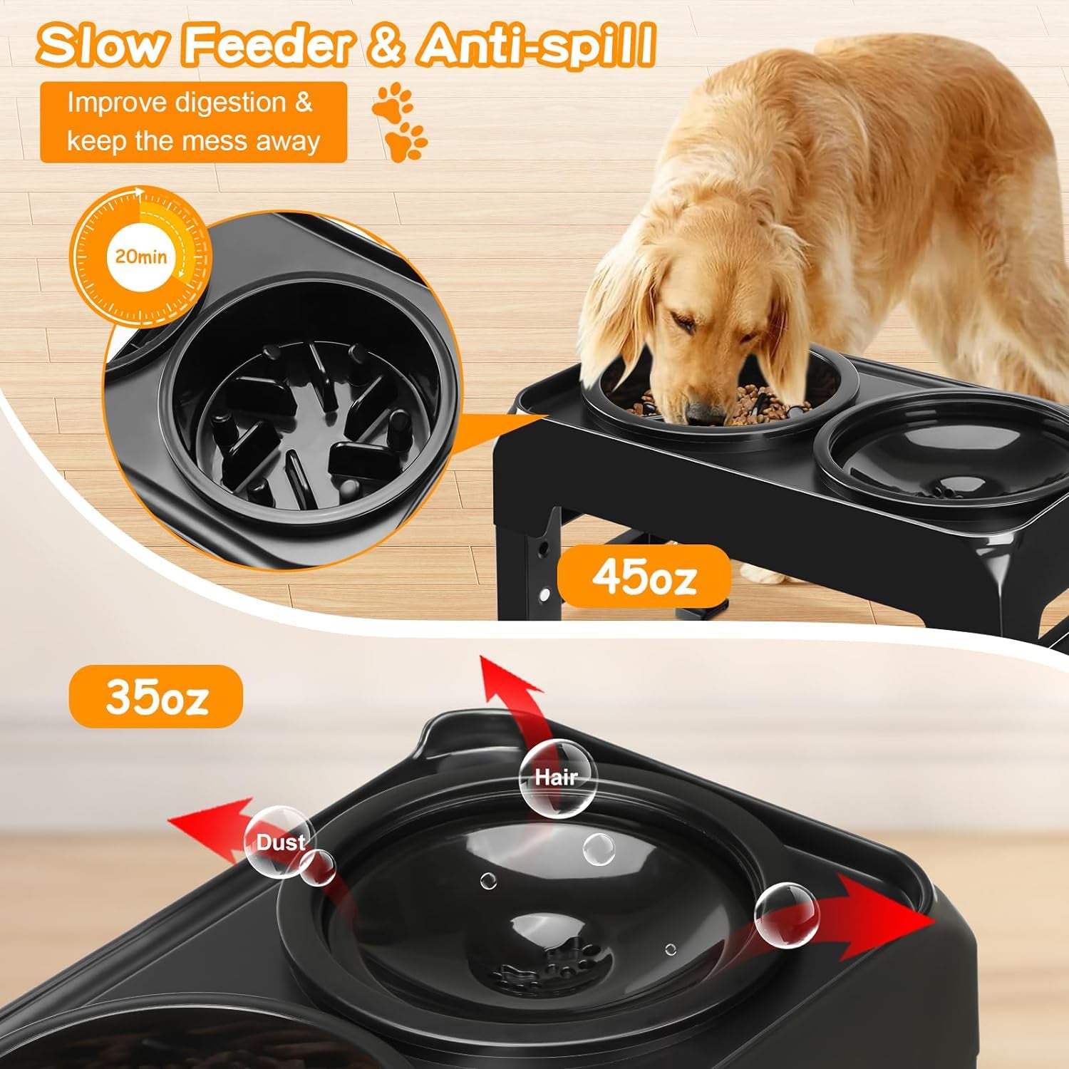 Elevated Dog Bowls, 2-in-1 Dog Feeder with Slow Feeder Dog Bowls & No Spill Dog Water Bowl, 4 Heights Adjustable Raised Dog Bowl Stand Non-Slip & Anti-Dust Dog Food Bowl for Medium Large Dogs, Black