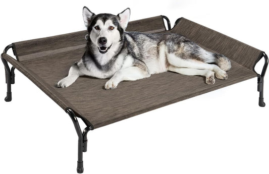 Veehoo Cooling Elevated Dog Bed, Dog Cots Beds for Large Dogs, Raised Dog Bed with Guardrail & Slope Headrest, Durable & Breathable Teslin Mesh, Dog Sofa Bed for Indoor & Outdoor, Large, Brown