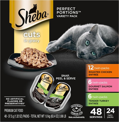 Sheba Perfect Portions Cuts in Gravy Wet Cat Food Trays (36 Count, 72 Servings), Roasted Chicken, Signature Tuna and Tender Turkey Entrée, Easy Peel Twin-Pack Trays