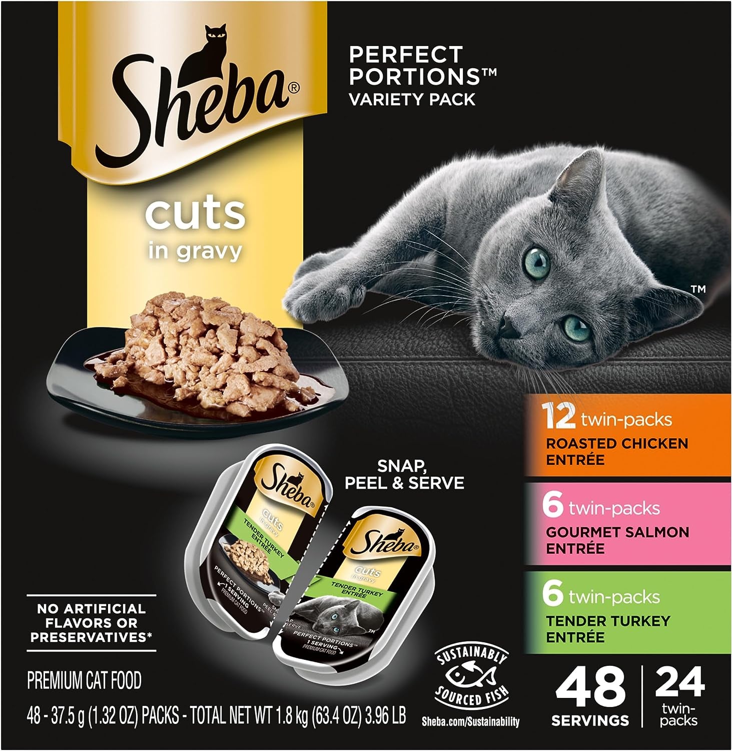 SHEBA Perfect Portions Cuts in Gravy Wet Cat Food Trays, (36 Count, 72 Servings), Roasted Chicken, Gourmet Salmon, and Sustainable Tuna Entrée, Easy Peel Twin-Pack Trays (Pack of 2)