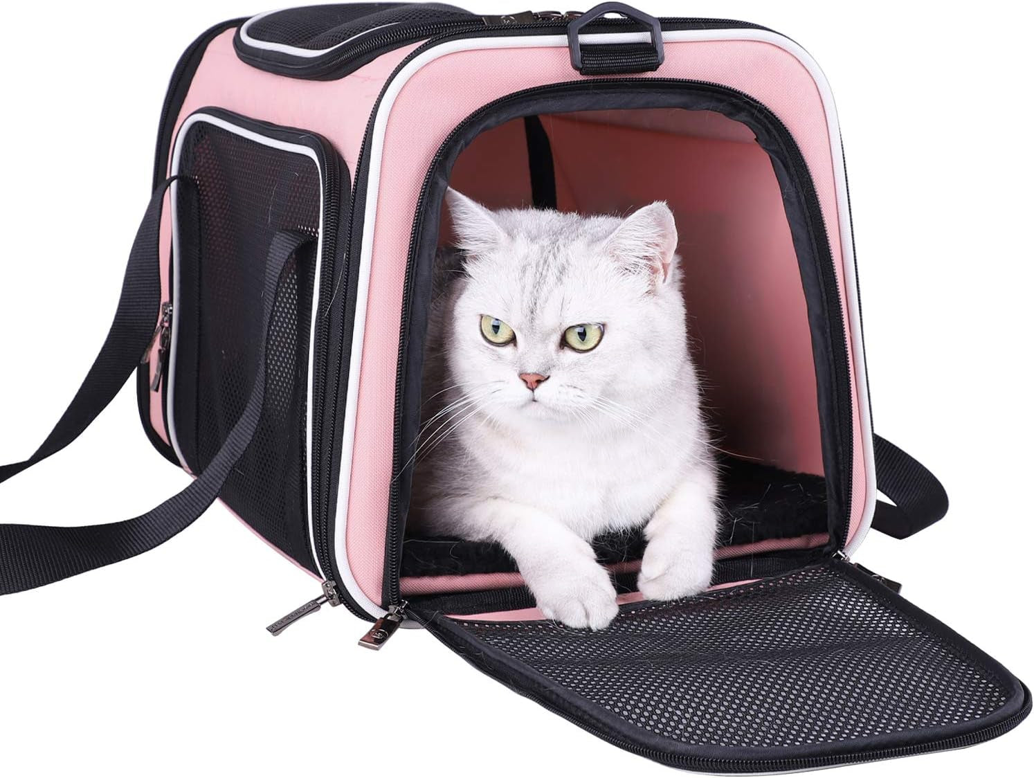 Petisfam Soft Pet Carrier for Medium Cats and Small Dogs with Cozy Bed, 3 Doors, Top Entrance | Airline Approved, Escape-Proof, Breathable, Leak-Proof, Easy Storage (Pink)