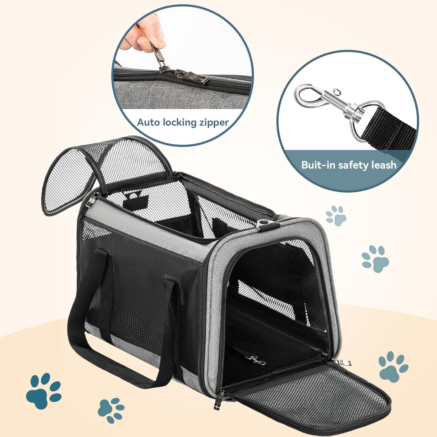 Petsfit Airline Approved Dog Carrier Cat Carrier, Soft-Sided Collapsible Pet Carrier for Travel, 3 Carrying Ways, Lightweight and Ventilation on 5 Sides, Escape Proof, with Soft Fleece Pad