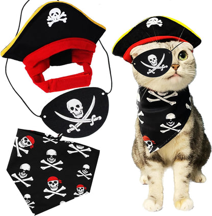 Pet Pirate Costume Cat Pirate Costumes Pet Pirate Hat Pirate Skull Triangle Bandana Halloween for Dogs Cats with Skull Hat Pirates Party Necklace for Pet Captain Headwear for Cat