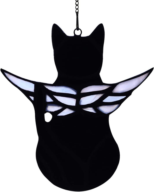 BOXCASA Angel Cat Memorial Gifts Ornaments,Stained Glass Window Hanging Decorations,Angel Wings Black Cat Suncatcher Decor,Cat Lovers Gifts Ornaments,Pet Memorial Sympathy Gifts Decoration