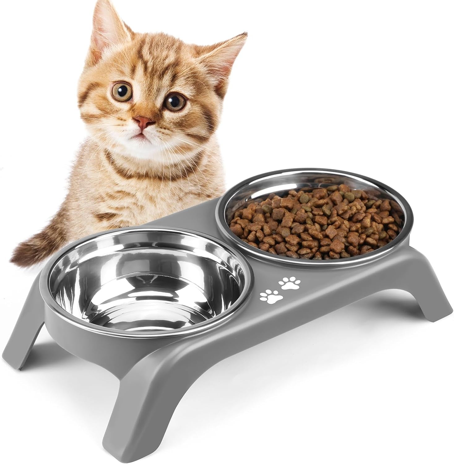 Elevated Cat Bowls - Anti-Vomiting Raised Cat Bowl Stand with 2 Thick Stainless Steel Cat Bowls Non-Slip for Small Medium Indoor Cats & Puppies, Dishwasher Safe Grey