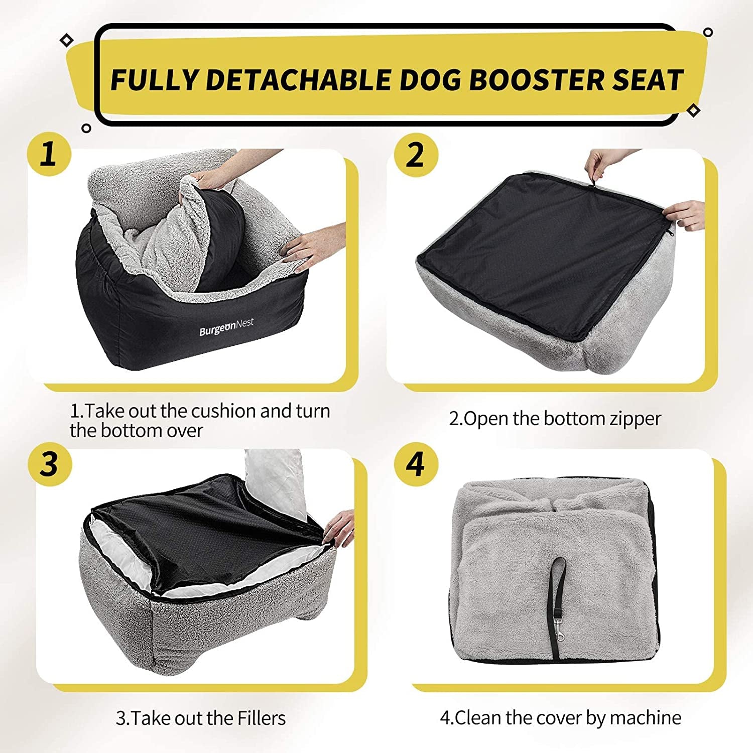 Burgeonnest Dog Car Seat for Small Dogs, Washable Soft Dog Booster Seats for Small Pets under 25 Lbs, Portable Dog Carseat Travel Bed with Storage Pockets and Clip-On Leash