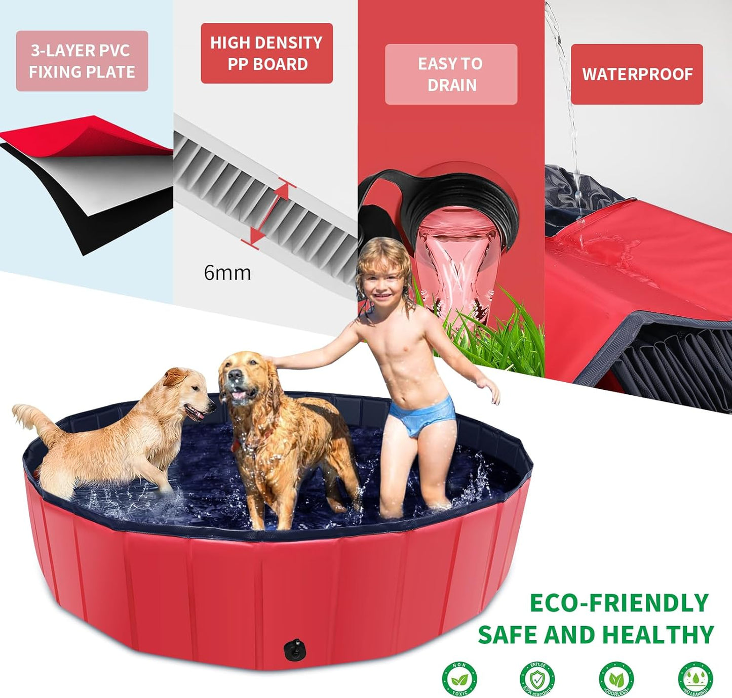 Foldable Dog Pool, 87" X 14" Large Kiddie Pool with Hard Plastic, Non-Slip Dog Bath Tub for Outdoor Backyard, Collapsible Dog Swimming Pool for Kids Dogs Pets (Red)