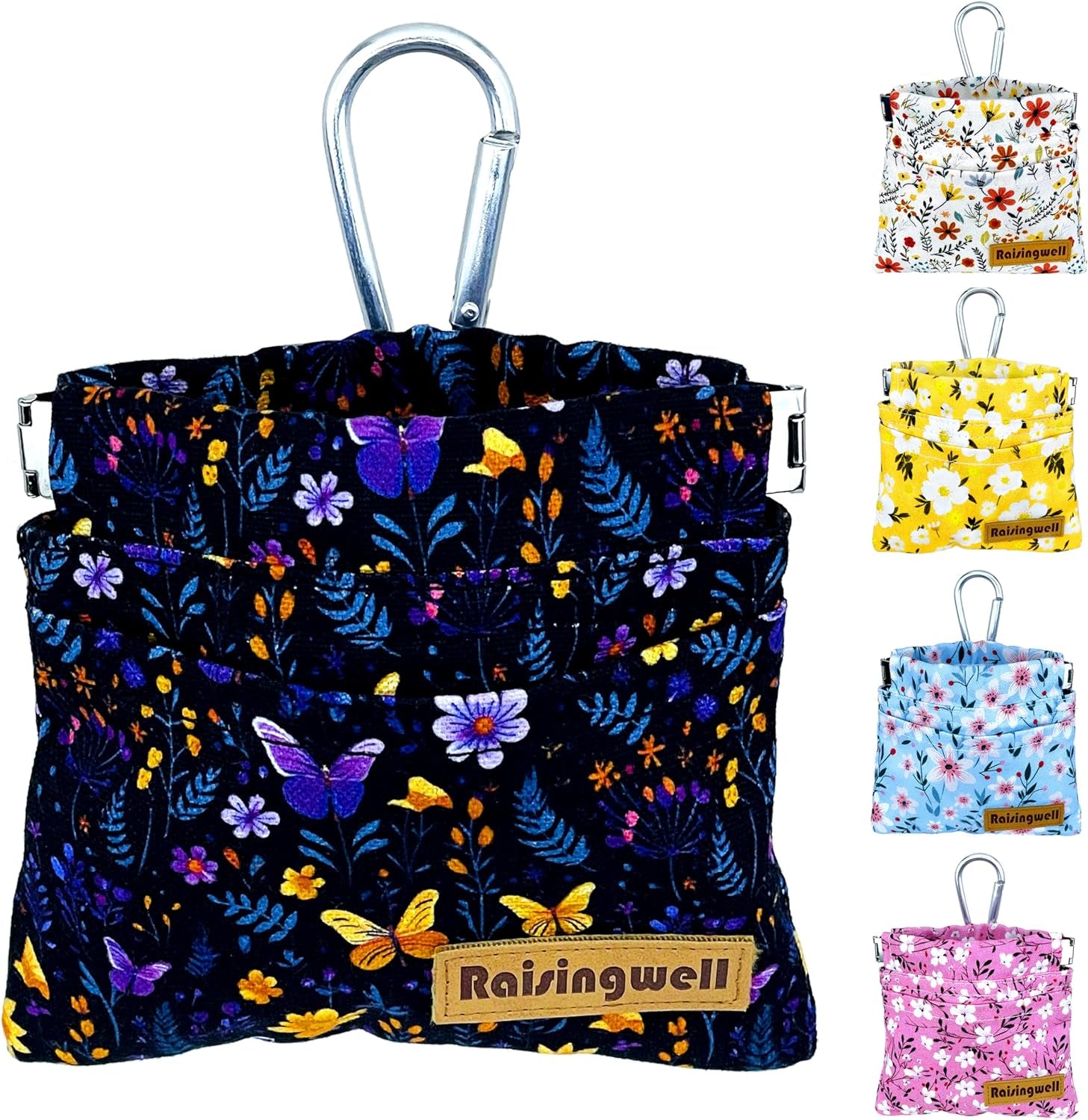 Dog Treat Pouch, Pocket Sized Pet Training Pouch, Cotton Fabric, Hand Free Purple Flower Dog Walking Bag with Carabiner, Self-Closing Pet Feed Snack Reward, for Puppy Travel or Outdoor Use