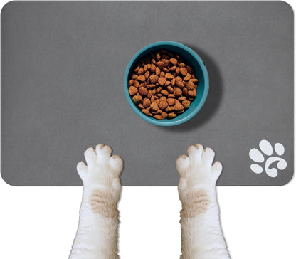 YCT Pet Cat Food Mats for Dog Food Mat, Cat Mat for Food, Pet Dog Cat Feeding Mat Eating Mat Pet Dog Cat Bowl Mats, Non-Slip Super Absorbent, with Footprints Logo，18.1 X 11.8 Inches, Dark Grey