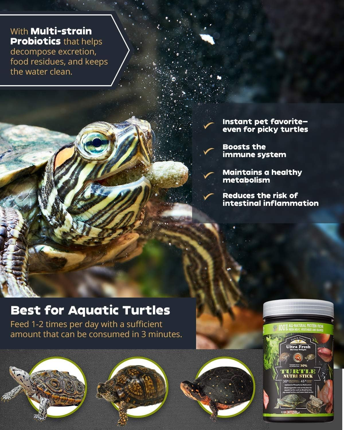 Ultra Fresh - Turtle Nutri Stick, Wild Sword Prawn, Calcium & Vitamin D Enriched Aquatic Turtle Food with Probiotics for Picky Turtles, Made from All Natural Ingredients 3.35 oz