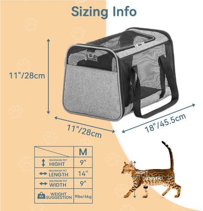 Petsfit 18 X 11 X 11 Airline Approved Pet Carrier, Upgraded Patented Car Buckle Soft Sided Cat Carrier, 4 Side Ventilated with Adjustable Shoulder Straps and Soft Cushion.Blue