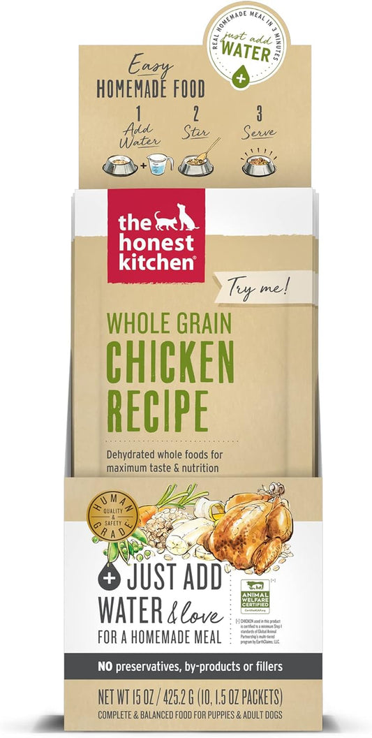 The Honest Kitchen Human Grade Dehydrated Whole Grain Dog Food – Complete Meal or Dog Food Topper – Chicken 10-Pack of 1.5 Oz Sachets