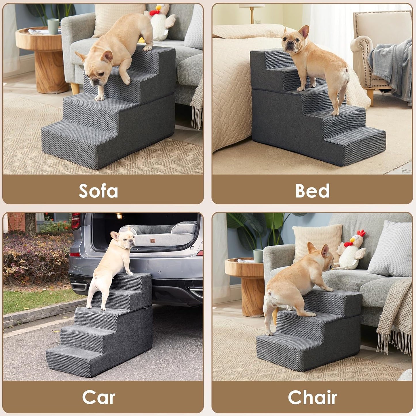 EHEYCIGA Dog Stairs for High Bed 25”H, 5-Step Extra Wide Dog Steps for Bed, Pet Steps for Small Dogs and Cats, Non-Slip Balanced Dog Indoor Ramp, Beige