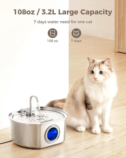 Cat Water Fountain Stainless Steel: 108oz/3.2L Cat Fountain for Drinking- Pet Water Fountain for Cats Inside - Automatic Cat Water Dispenser Bowl - Cat Feeding & Watering Supplies - Water Level Window