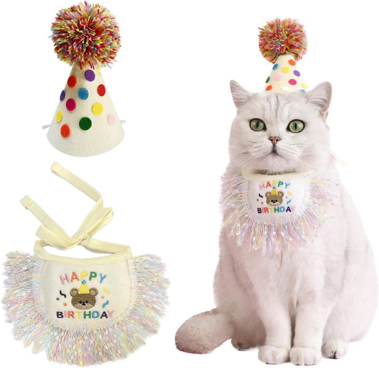 Cat Birthday Bandana Scarf and Party Hat Cute Tassels Bib Scarf and Birthday Hat Cat Birthday Party Decorations Set