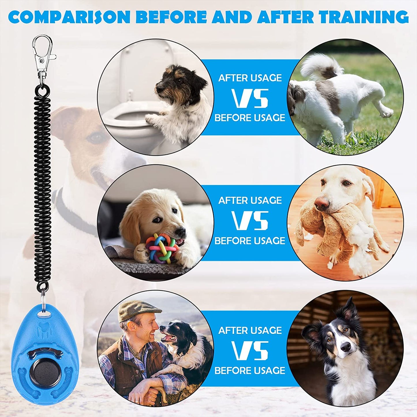 Dog Training Clicker with Wrist Strap Durable Lightweight Easy to Use, Pet Training Clicker for Cats Puppy Birds Horses. Perfect for Behavioral Training 2-Pack (Black and Water Lake Blue)