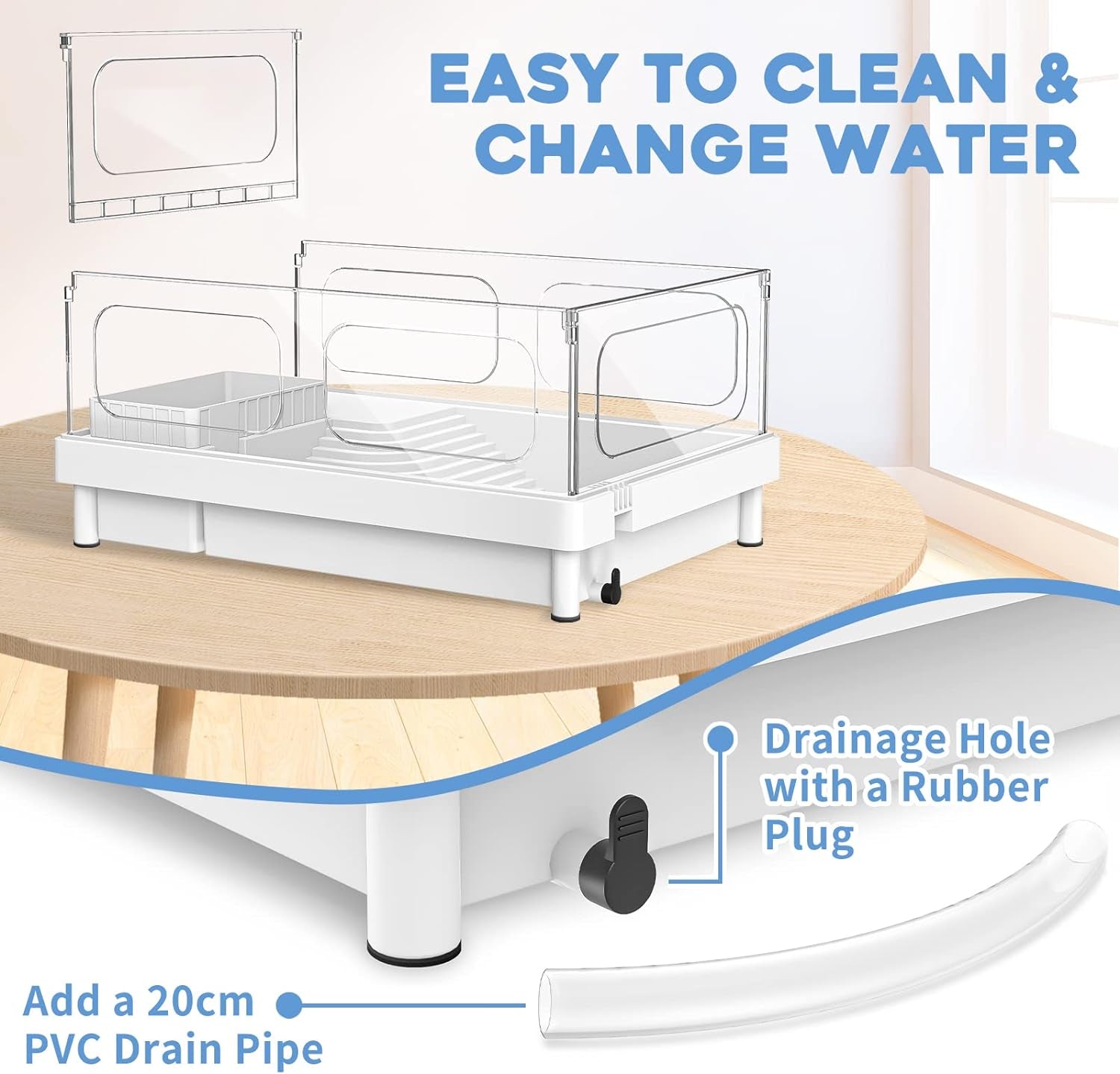 Small Turtle Tank Kit(Tank+Light+Filter), Acrylic Turtle Tank Starter Kit with Bask Platform, Bottom Drain, Multi-Function Area for Small Reptiles.(White)