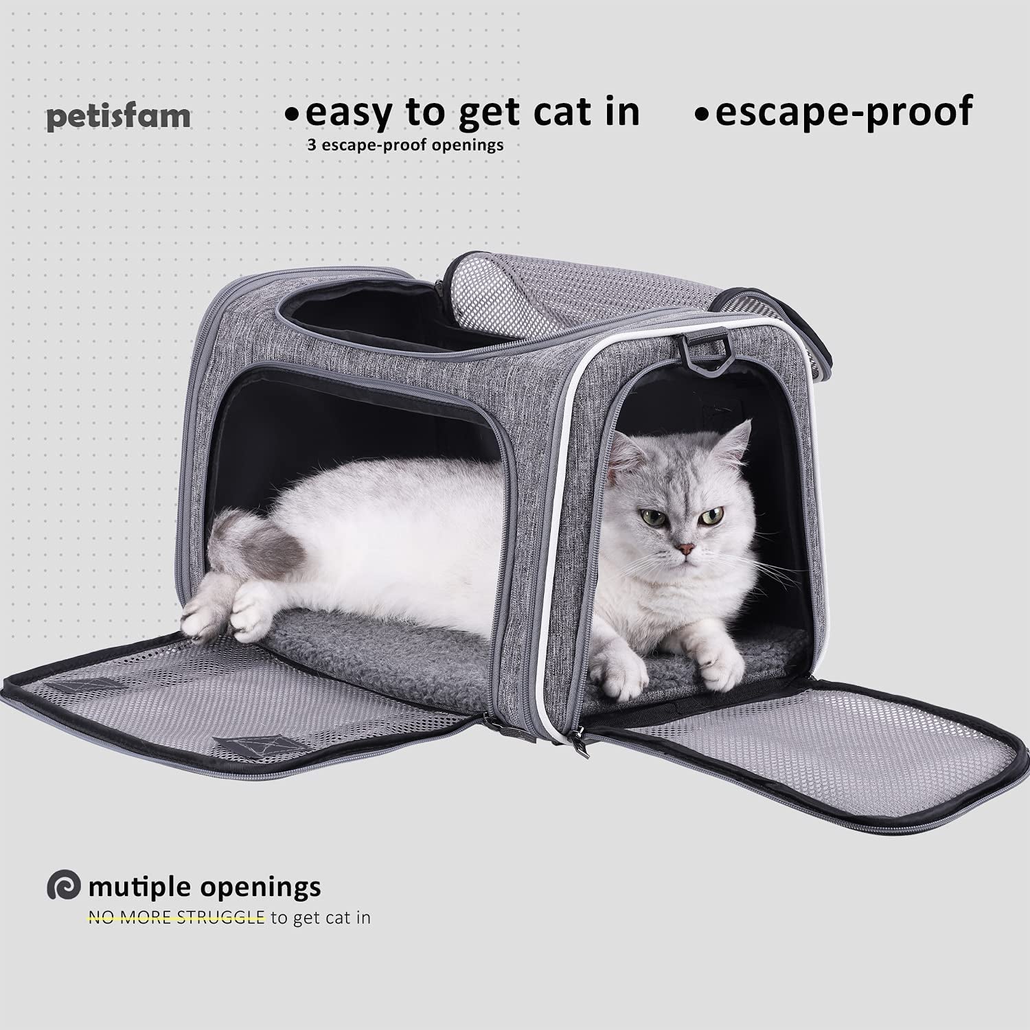 Petisfam Top Load Cat Carrier Bag for Medium Cats and Small Dogs. Airline Approved, Collapsible, Escape Proof and Auto-Safe. Easy to Get Cat in and Make Vet Visit Less Stressful