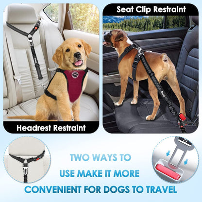 Slowton Dog Seat Belt for Car, 2 Pack Dog Car Harness Seatbelt Adjustable with Elastic Bungee Buffer, 2 in 1 Pet Car Leash Headrest Restraint Dog Reflective Safety Tether (Black, Headrest)