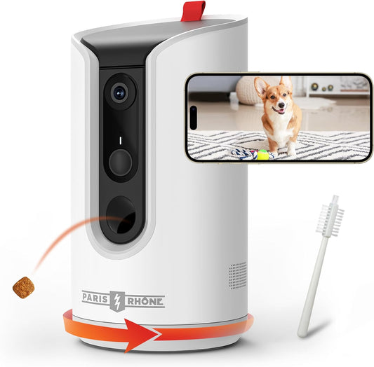 PARIS RHÔNE 2K Pet Camera, 360°View Dog Camera with Treat Dispensing, 5G Wifi Pets Monitoring with Smart Phone APP, Barking Detection and Motion Alerts, Two-Way Audio, Infrared Night Vision