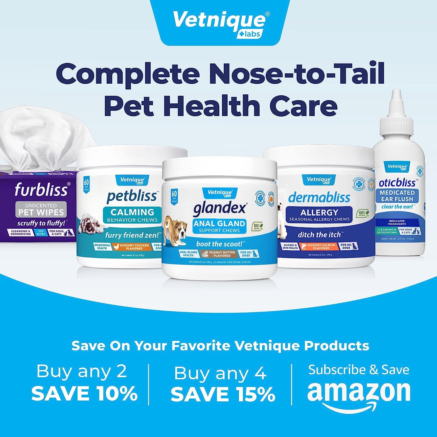 Vetnique Labs Glandex Dog Wipes for Pets Cleansing & Deodorizing Anal Gland Hygienic Wipe​S for Dogs & Cats with Vitamin E, Skin Conditioners and Aloe (450Ct)