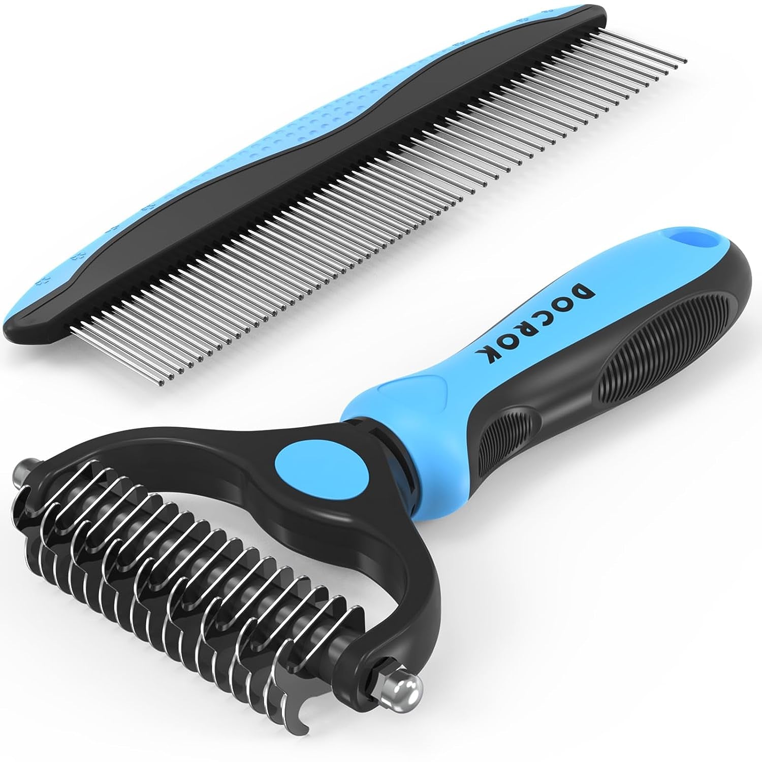 Pet Grooming Brush and Metal Comb Combo, Cat Brush Dog Brush for Shedding, Undercoat Rake for Dogs Grooming Supplies, Dematting Deshedding Brush Dogs Shedding Tool for Long Matted Haired Pets, Black